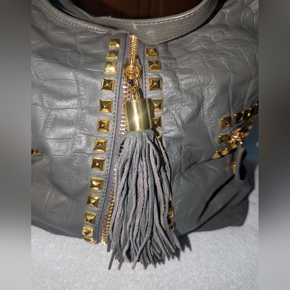 Betsey Johnson leather studded tassel hobo shoulder bag. - Picture 7 of 12